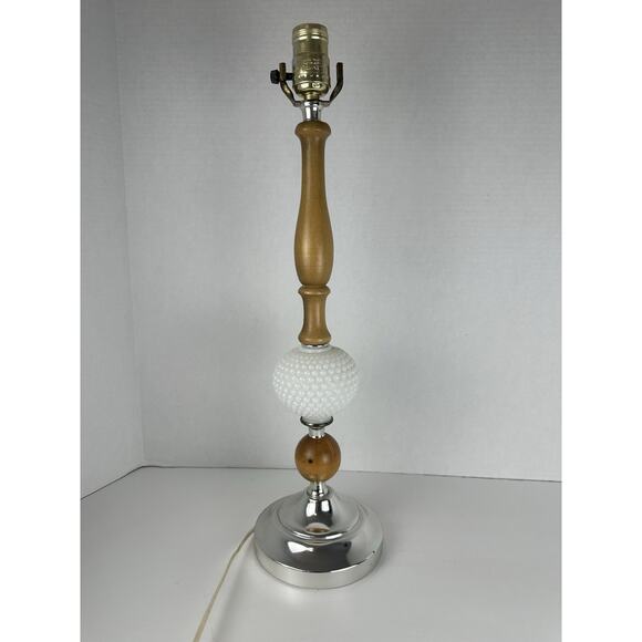 Vintage Mid Century Modern White Milk Glass Hobnail & Wooden Table Lamp - Picture 5 of 8